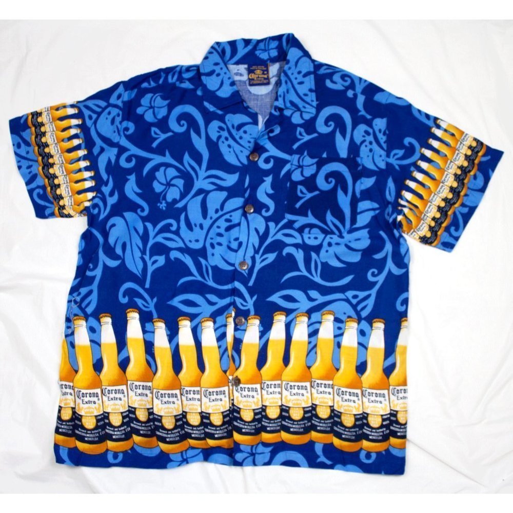 Corona Extra Men's‎ Beer All Over Print Blue Hawaiian Camp Shirt Size Medium